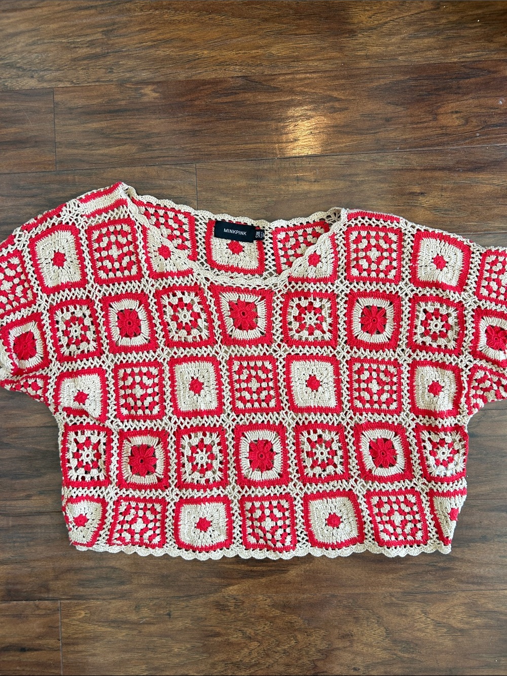 MINKPINK Red and Cream Crochet Boxy Sweater Top